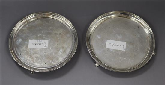 A pair of George III silver waiters (af), London, 1782, 15 oz.